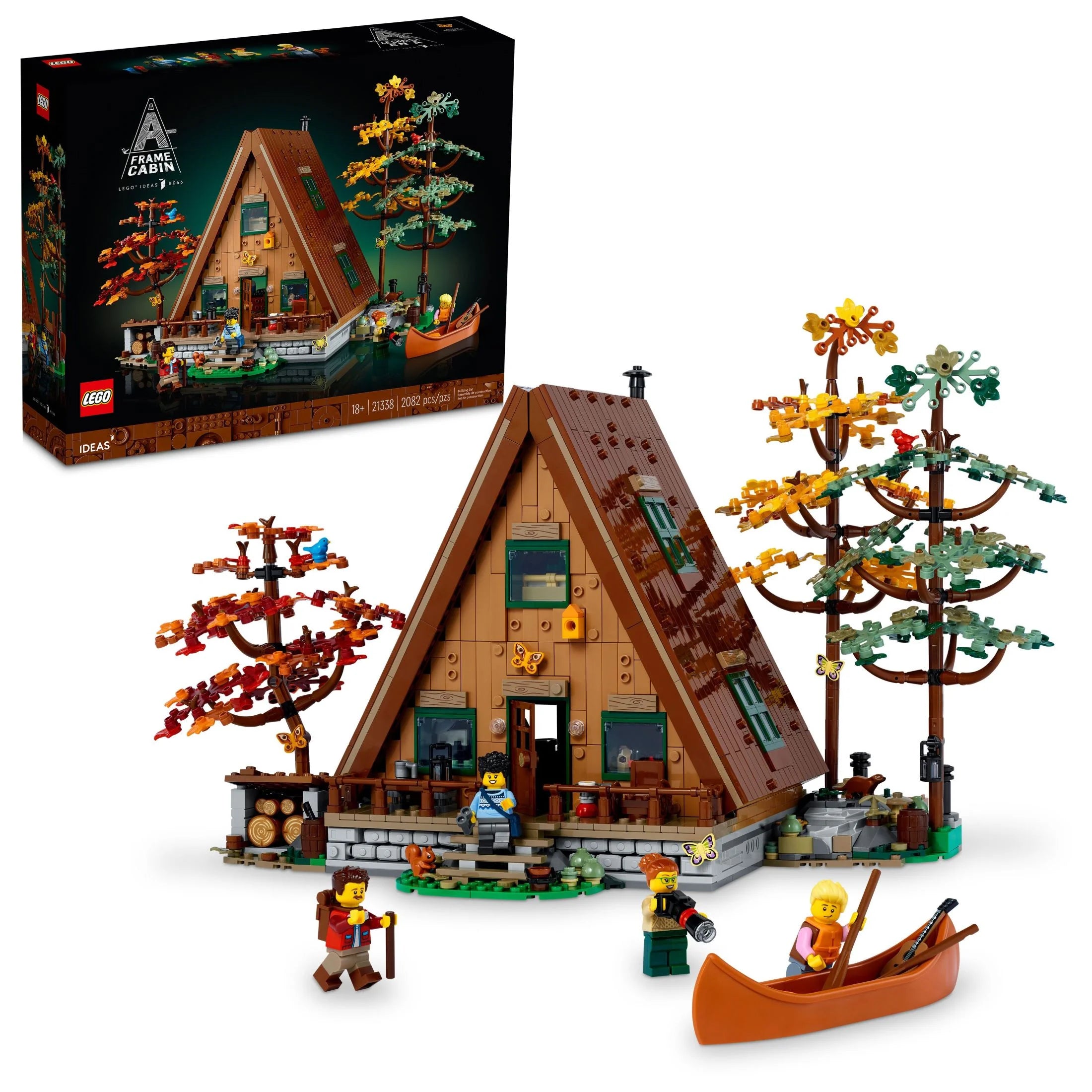 LEGO Ideas A-Frame Hytte 21338 – Samlersæt, bygbart modelbyggesæt til voksne, gave til natur- og arkitekturelskere, indeholder 4 brugerdefinerbare minifigurer og 11 dyrefigurer.