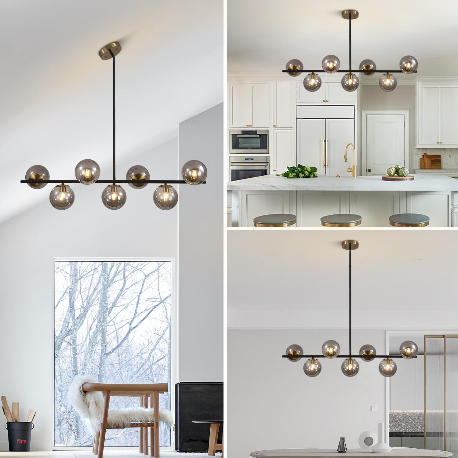 Moderne Esszimmerleuchte von KCO Lighting aus goldfarbenem Metall, Kücheninsel-Pendelleuchte aus weißem Glas, 7-flammig, E27, 80 cm höhenverstellbar