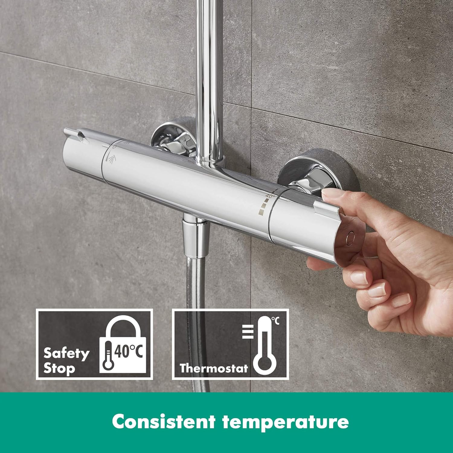 hansgrohe Crometta E - wassersparendes Duschsystem (EcoSmart) mit Thermostat, Regendusche (240 x 240 mm), Handbrause (2 Strahlarten), flexiblem Schlauch, Brausestange und rechteckigem, feststehendem Brausekopf, Chrom, 27281000