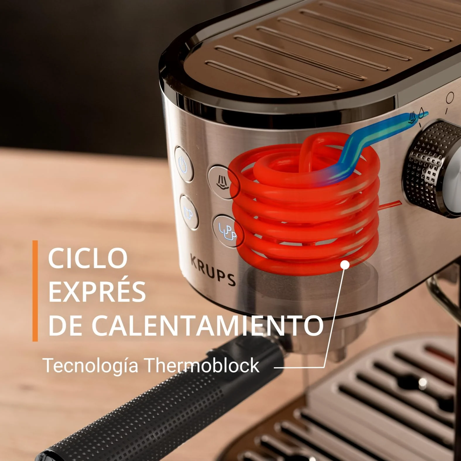 Machine à expresso Krups Virtuoso Essential - 15 bars. Acier inoxydable noir. Design compact et élégant. Arrêt automatique. Expresso et cappuccino. Thermobloc. Buse vapeur. Doseur inclus. XP4418