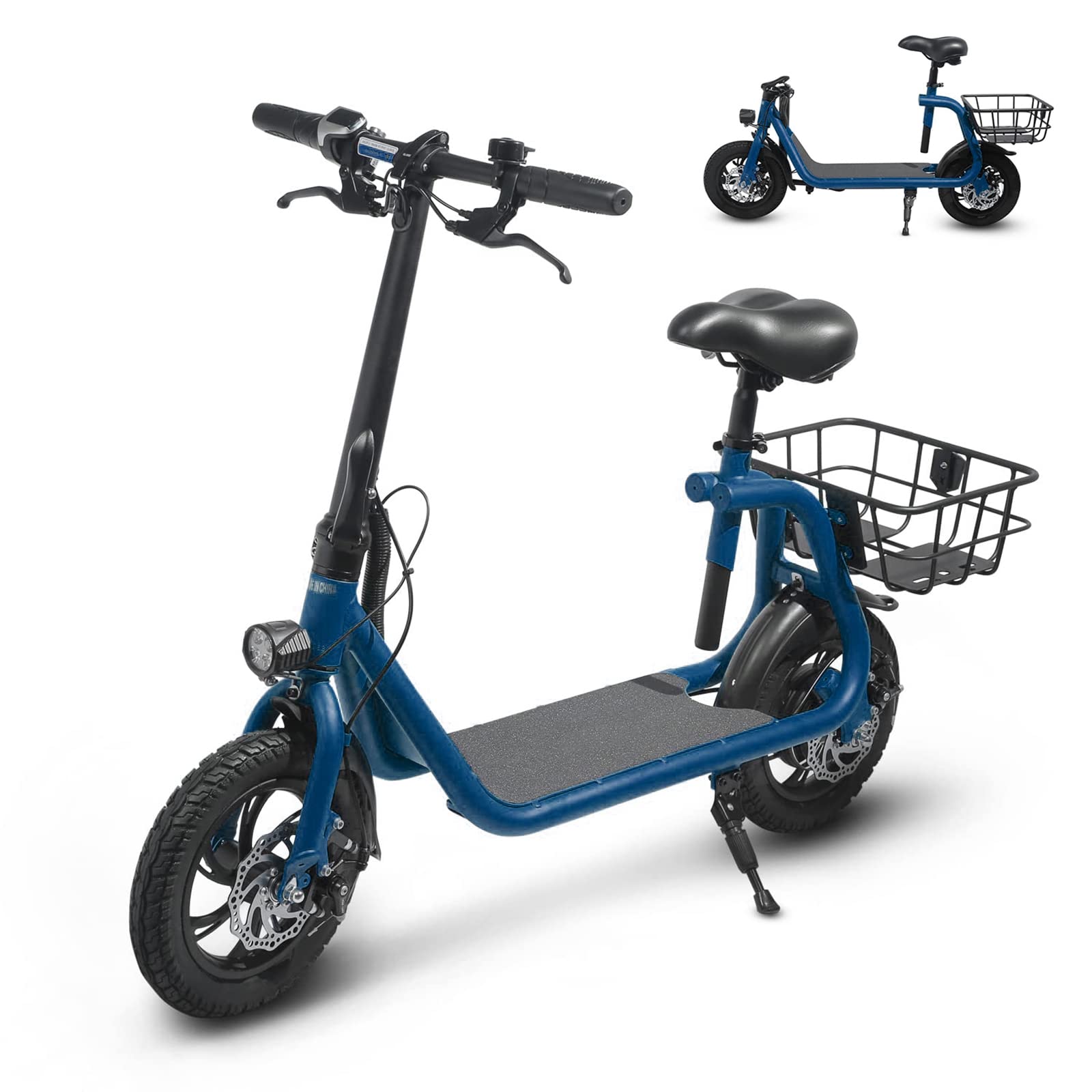 Sammenklappelig el-scooter til voksne med sæde. 450W børsteløs motor. 12-tommer terrængående dæk. 32 km rækkevidde. Let og bærbar.