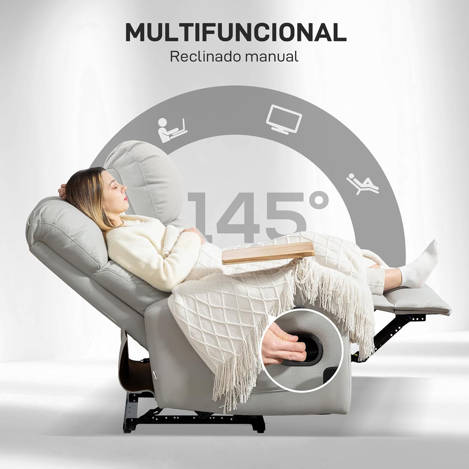 HOMCOM Massagesessel mit 8 Massagepunkten, elektrischer Verstellfunktion, Sofa mit 4 Liegepositionen (145°), Fernbedienung, Beistelltisch, 2 Seitentaschen und Getränkehalter, 77 x 93 x 105 cm, Beige