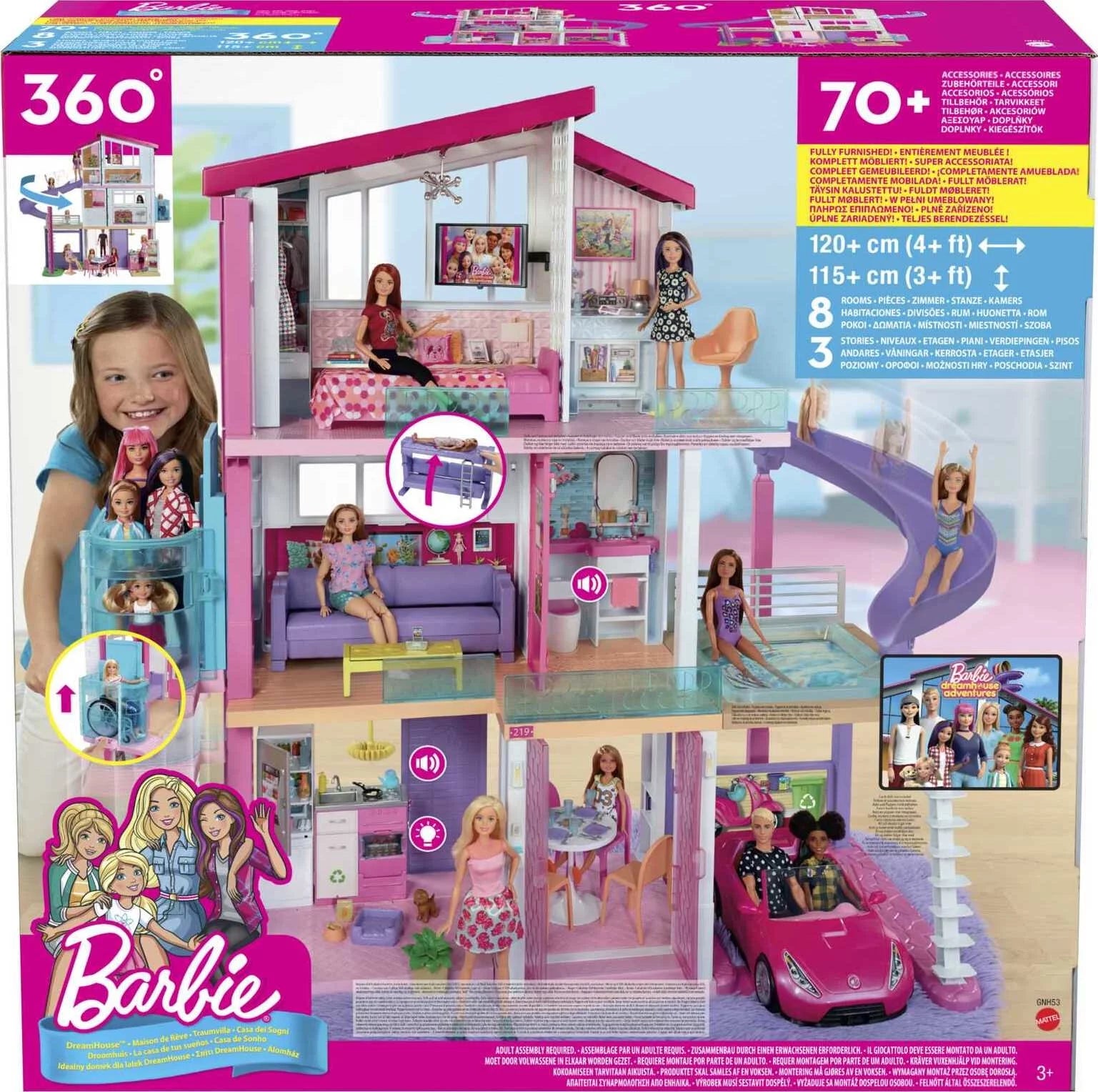 Barbie DreamHouse Puppenhaus mit über 70 Zubehörteilen, funktionierendem Aufzug, Licht- und Soundeffekten