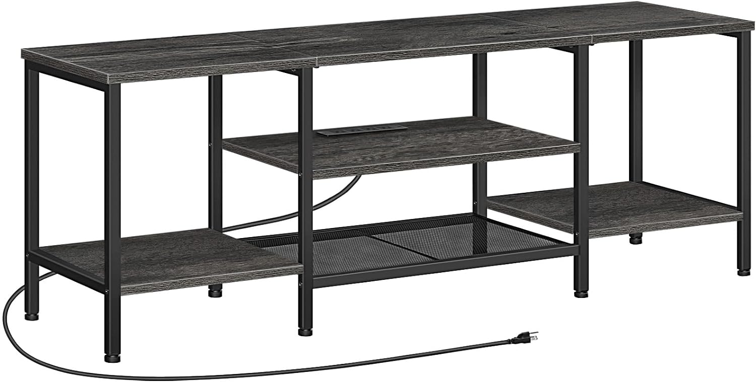 TV-Ständer mit integrierten Steckdosen für Fernseher bis zu 75 Zoll, Konsolentisch mit offenen Regalen, Entertainment-Center im Industrial-Stil für Wohn- oder Schlafzimmer, Rustikales Braun und Schwarz BF60DS01