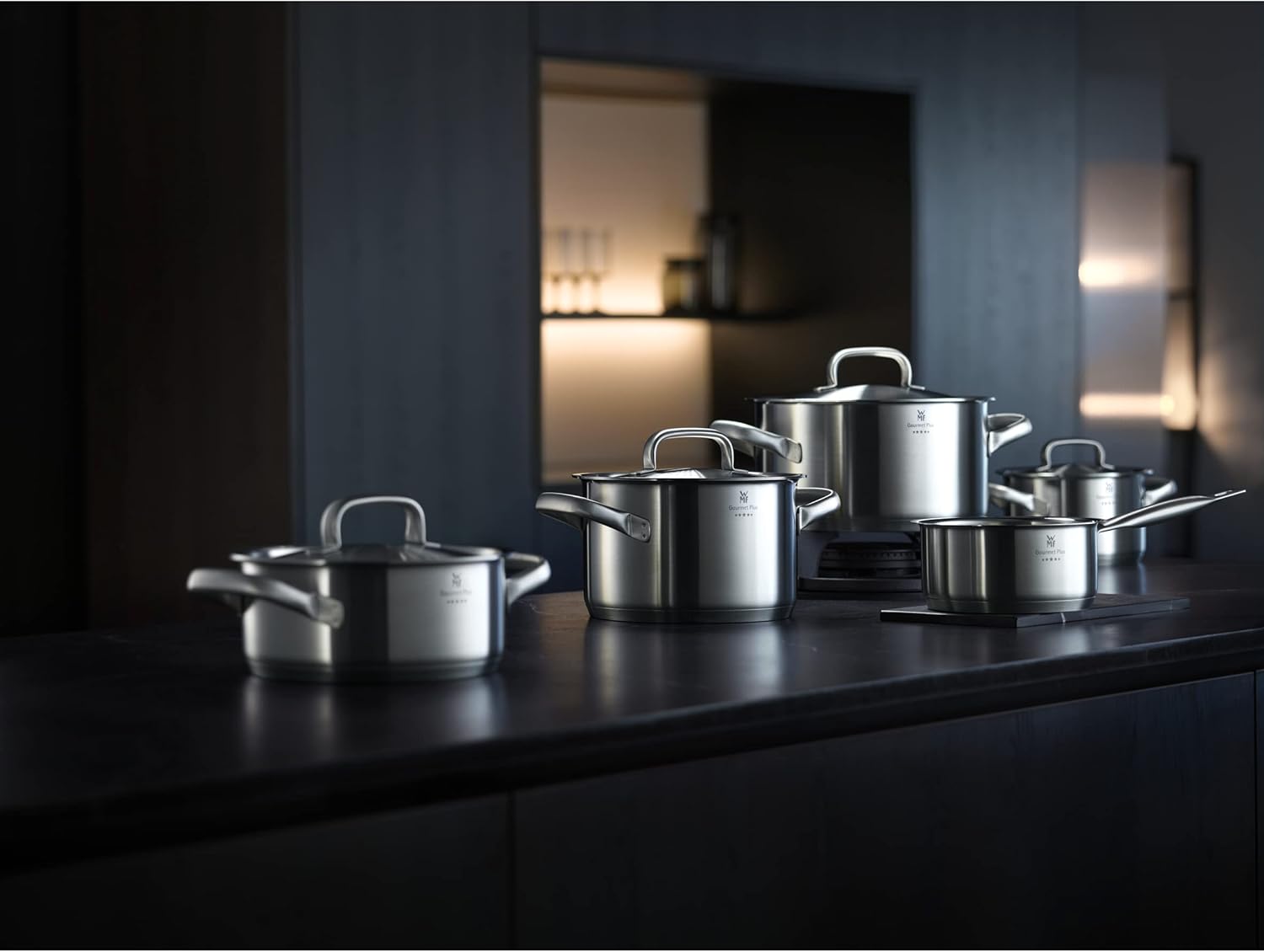 WMF Gourmet Plus - 5-teiliges Kochgeschirr-Set, Edelstahl, induktionsgeeignet, 1 flacher Bräter (20 cm), 3 hohe Bräter (16 cm, 20 cm und 24 cm), 1 Stielkasserolle (16 cm) mit 4 Edelstahldeckeln