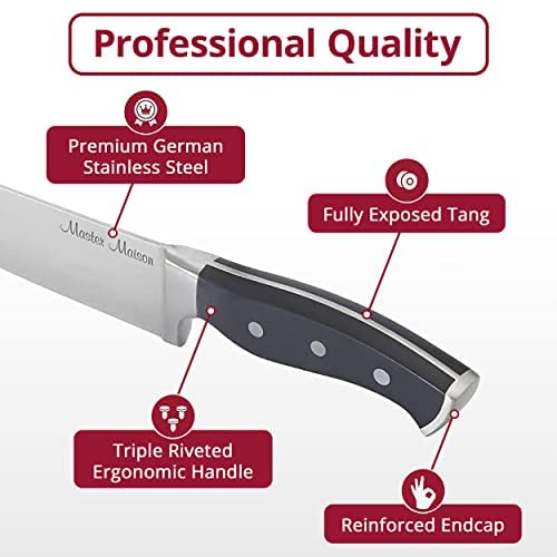 Hochwertiges 19-teiliges Küchenmesserset mit Holzblock | Master Maison Besteckset aus deutschem Edelstahl mit Messerschärfer und 8 Steakmessern
