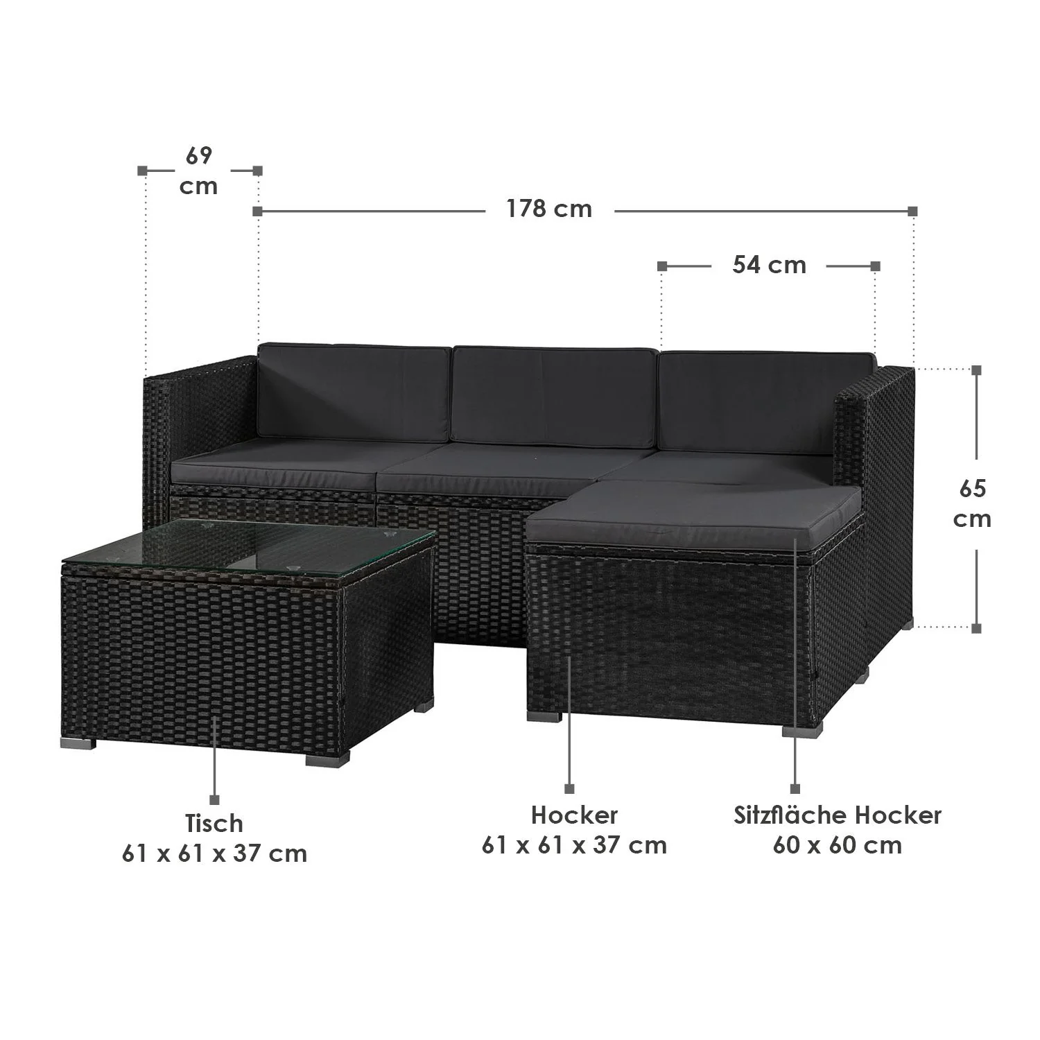 Ensemble de jardin en résine tressée Punta Cana M 2025, noir avec coussins gris