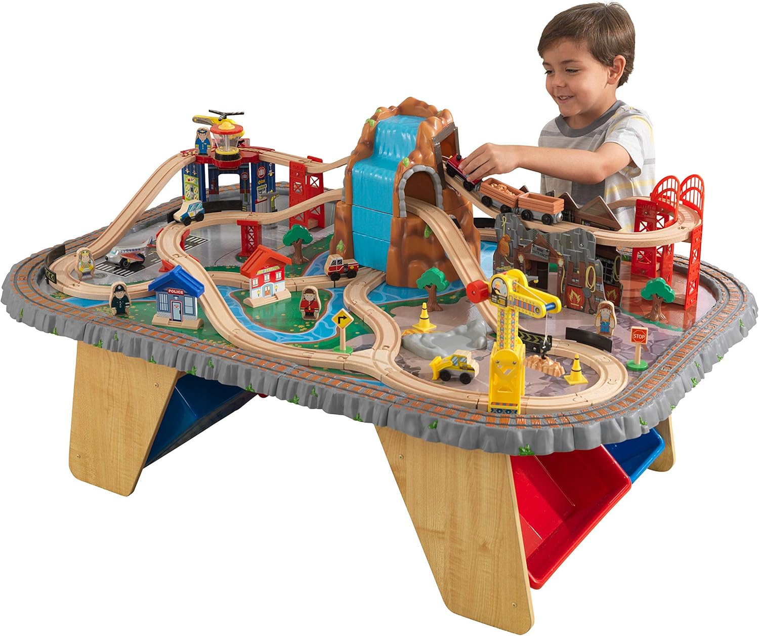 KidKraft Wasserfall-Berg-Holzeisenbahn- und Tischset mit Aufbewahrungsboxen, Eisenbahnstrecke mit Waggons, Hubschrauber und Flugzeugspielzeug für Kinder ab 3 Jahren (17850)