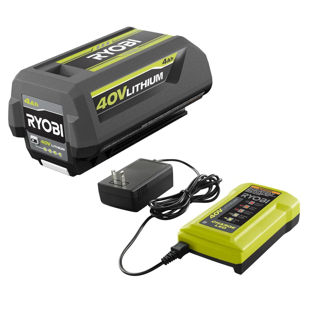 RYOBI Whisper Series 40V batteridrevet blæser med børsteløs motor, 200 km/t hastighed og 550 CFM luftstrøm, med 4,0 Ah batteri og oplader RY40470