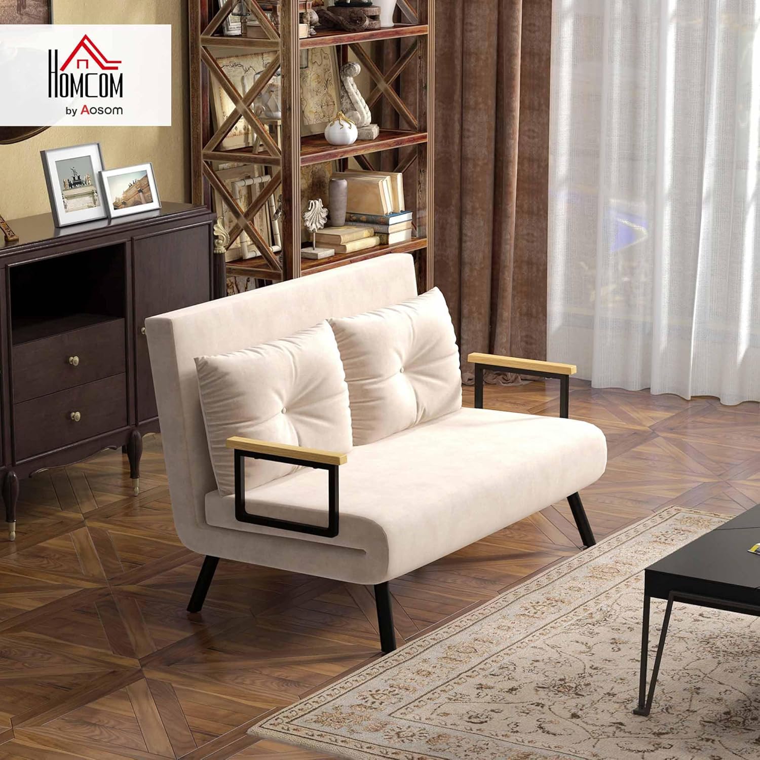 HOMCOM Schlafsofa, 2-Sitzer, Klappsofa, Samtbezug, 5-fach verstellbare Rückenlehne und gepolsterte Kissen, für Büro, Schlafzimmer, Wohnzimmer, 102 x 73 x 81 cm, Beige