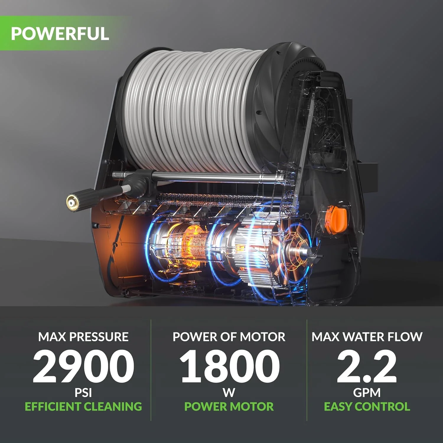 Giraffe Tools Grandfalls vægmonteret højtryksrenser – 2900 PSI. 2,2 GPM. 31 m udtrækkelig slange. Skumkaster. 4 hurtigkoblingsdyser.