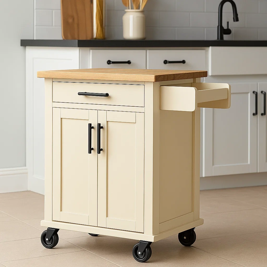 Îlot de cuisine compact et rectangulaire en MDF couleur crème, avec plan de travail en bois, tiroir, portes, roulettes et porte-serviettes. Dimensions : 67 cm de long, 45 cm de large et 88 cm de haut. Idéal pour une cuisine domestique. - yxs0dM3mYkkk