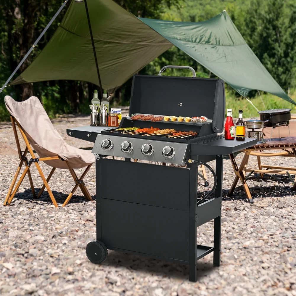 2025 SEGMART gasgrill i rustfrit stål med 4 brændere – 34.200 BTU. Have-/terrassegrill med to foldbare hylder og termometer. Ideel til camping og udendørs madlavning.