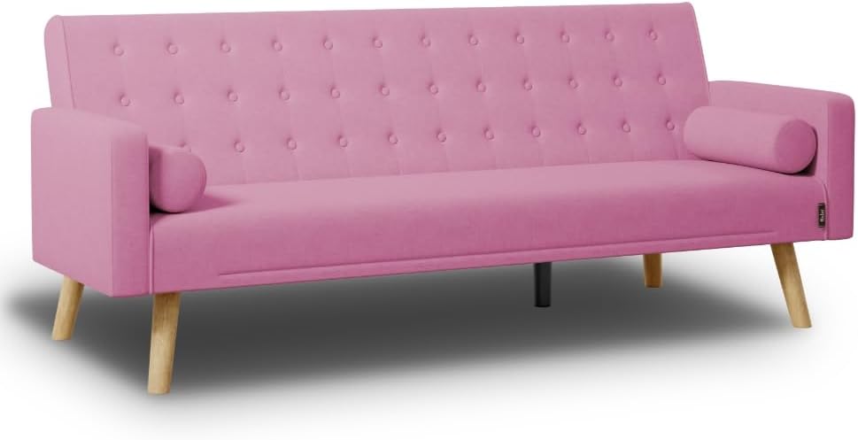 Nalui – 3-Sitzer-Schlafsofa, gepolstert, 203 x 82 x 78 cm, One Dots, mit 2 Kissen und Klick-Klack-Öffnungsmechanismus mit mehreren Liegepositionen. Chaiselongue-Schlafsofa mit Holzbeinen, umwandelbar in ein Doppelbett | Beige