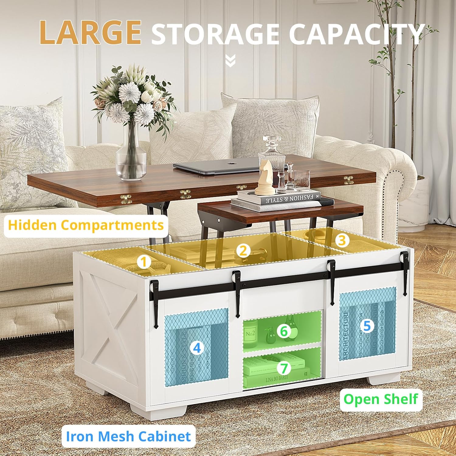 Table basse extensible VOWNER, plateau relevable, multifonctionnelle 3 en 1 avec rangement dissimulé - Salle à manger, convertible, style ferme, noyer