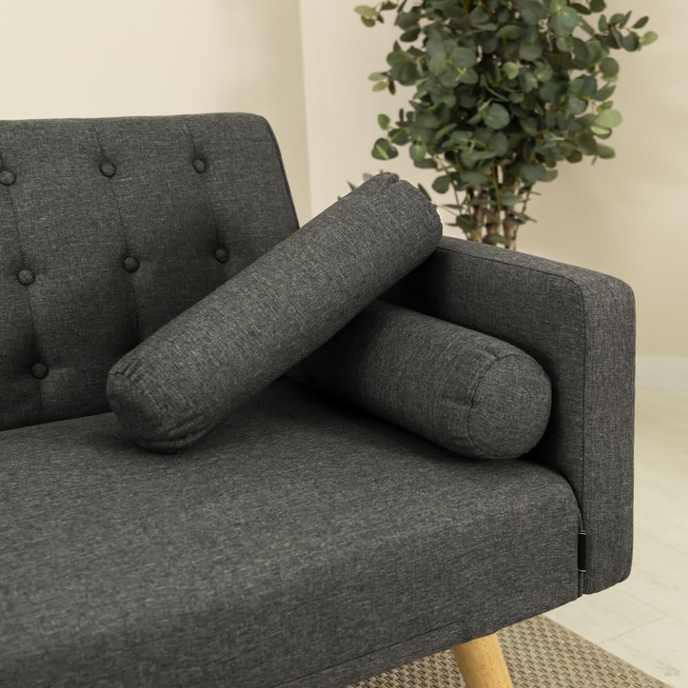 Nalui – 3-Sitzer-Schlafsofa, gepolstert, 203 x 82 x 78 cm, One Dots, mit 2 Kissen und Klick-Klack-Öffnungsmechanismus mit mehreren Liegepositionen. Chaiselongue-Schlafsofa mit Holzbeinen, umwandelbar in ein Doppelbett | Beige