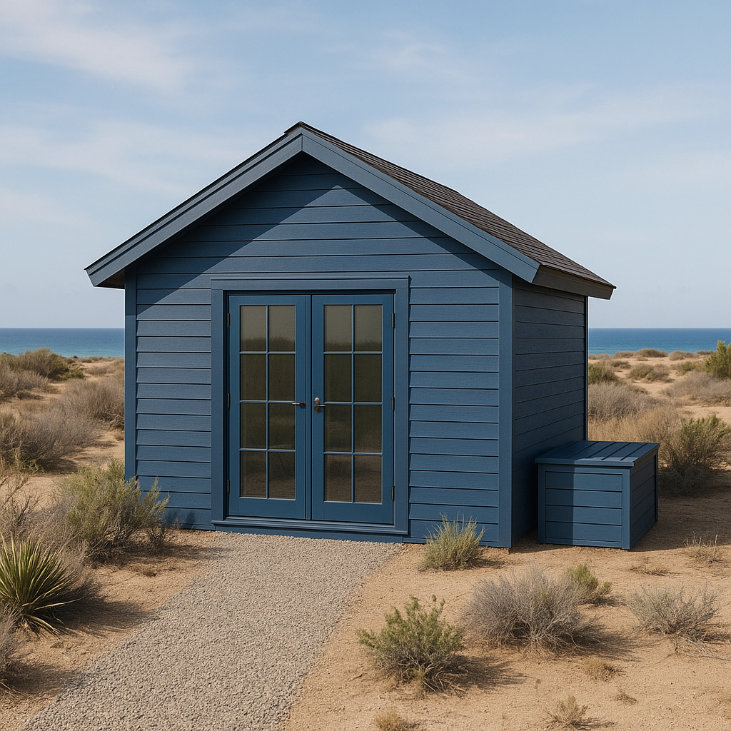 Abri de jardin en résine bleue, bois, style plage, 300 × 220 × 250 cm