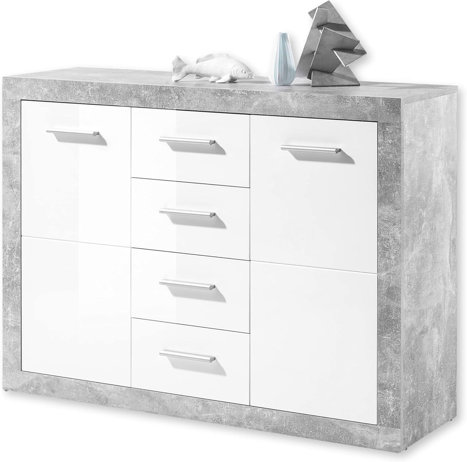 STONE Große Vitrine mit Betonoptik und hochglänzendem Weiß, moderne Vitrine mit LED-Beleuchtung und viel Stauraum, 92 x 194 x 37 cm (B x H x T)