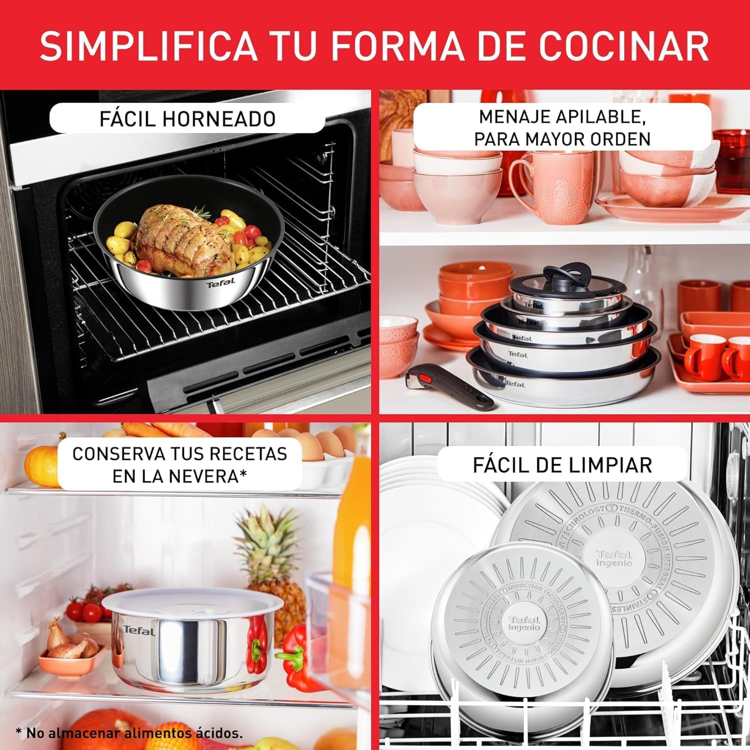 Tefal Ingenio Emotion Sæt med 3 stegepander 22/24/28 cm + 3 kasseroller 16/18/20 cm + gryderet 24 cm + wok 26 cm + 12 tilbehør | Induktionssikker, non-stick, tåler opvaskemaskine og ovn