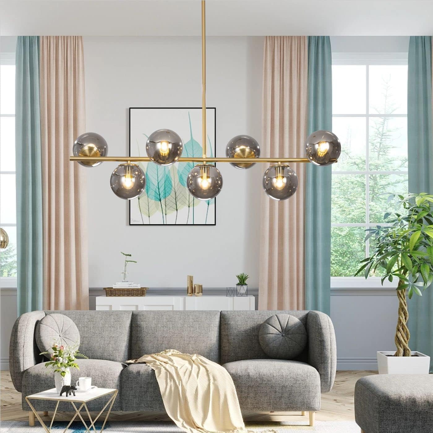 Moderne Esszimmerleuchte von KCO Lighting aus goldfarbenem Metall, Kücheninsel-Pendelleuchte aus weißem Glas, 7-flammig, E27, 80 cm höhenverstellbar