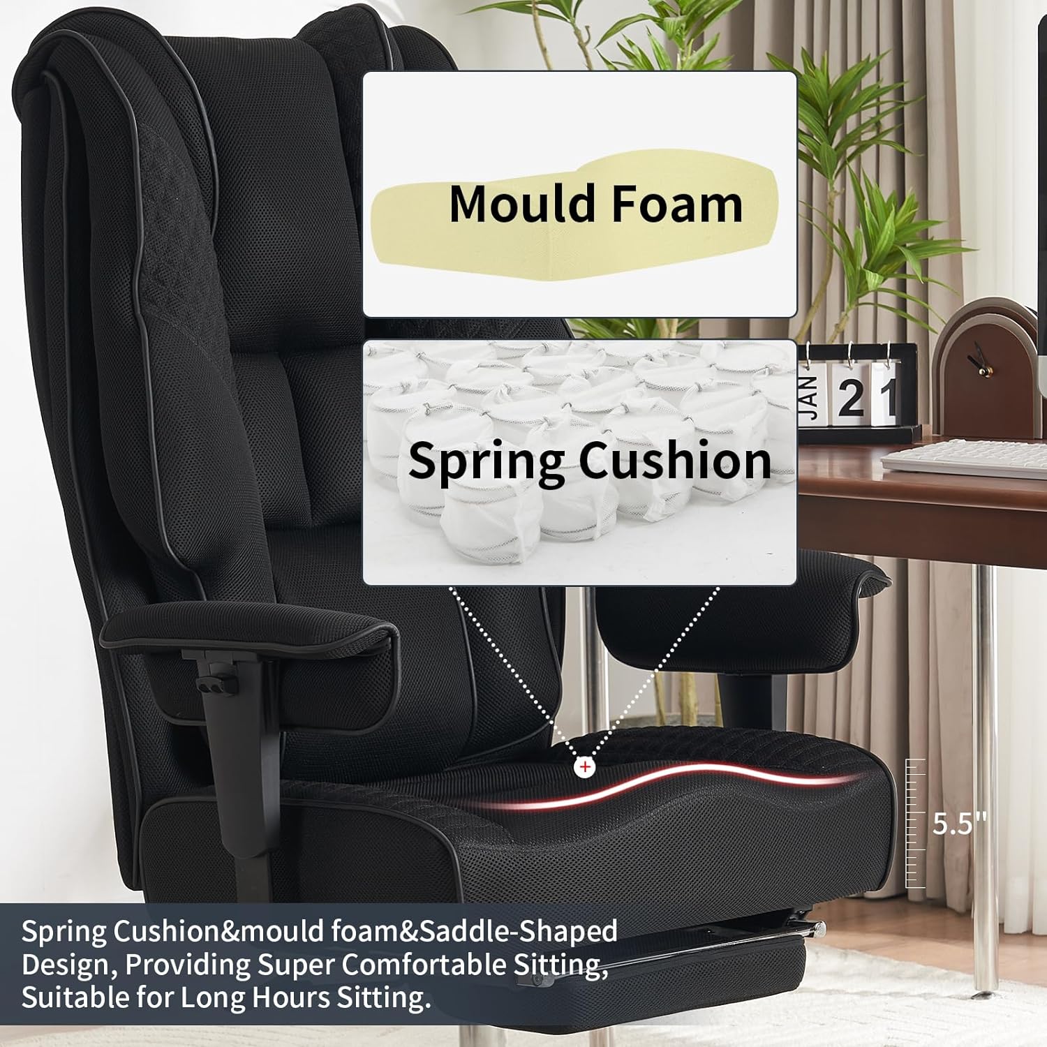 Hoher und breiter Bürostuhl für 181 kg, Chefsessel aus Leder mit hoher Rückenlehne und Fußstütze, ergonomischer Stuhl mit Lendenwirbelstütze zur Linderung von Rückenschmerzen (Beige)