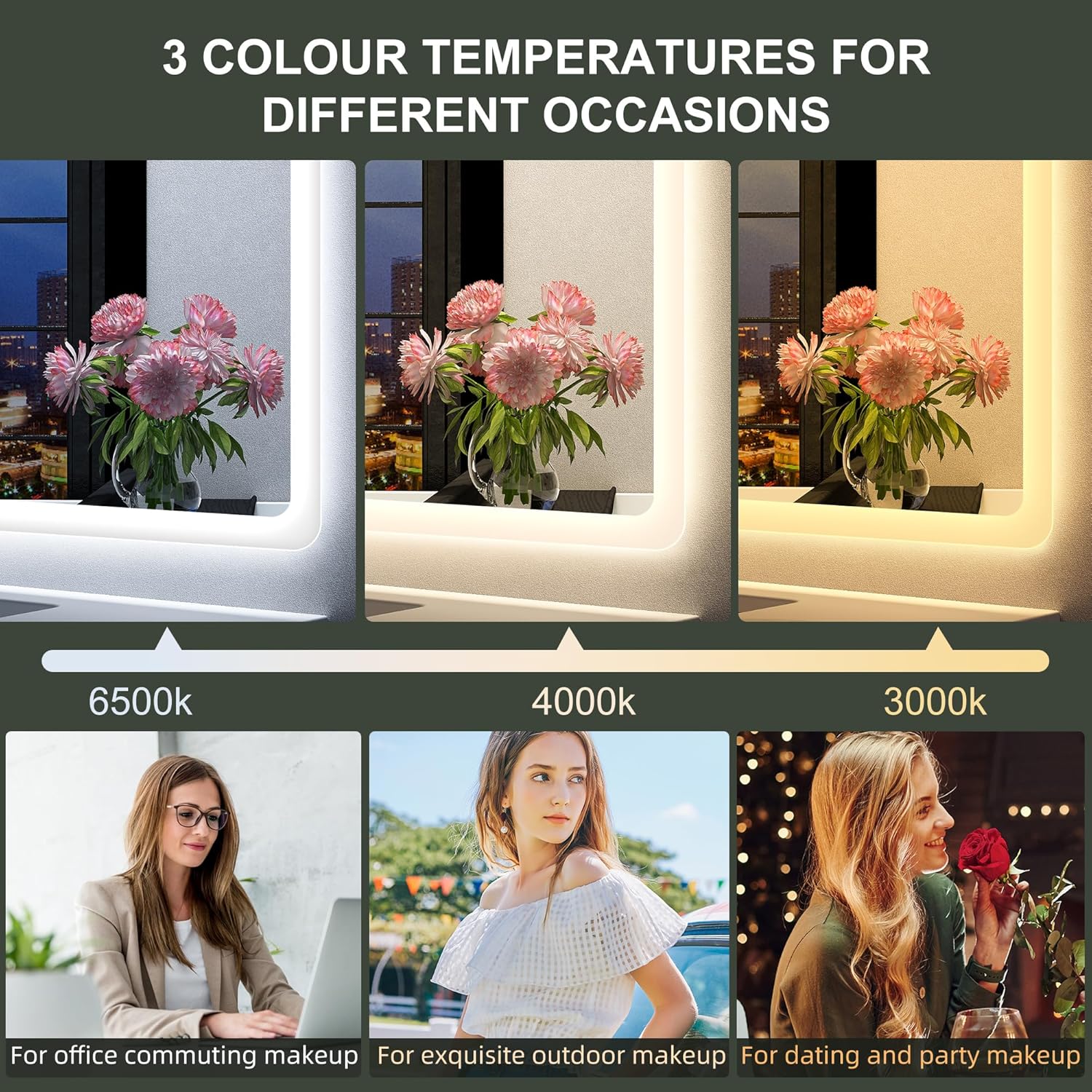 S'bagno badeværelsesspejl med lys 1200x700mm, IP44 - badeværelsesspejl med LED og Bluetooth, antidugfunktion / 3 lysfarver (3000K, 4000K, 6500K) / Dæmpbar / Memory, lodrette eller vandrette badeværelsesspejle med LED