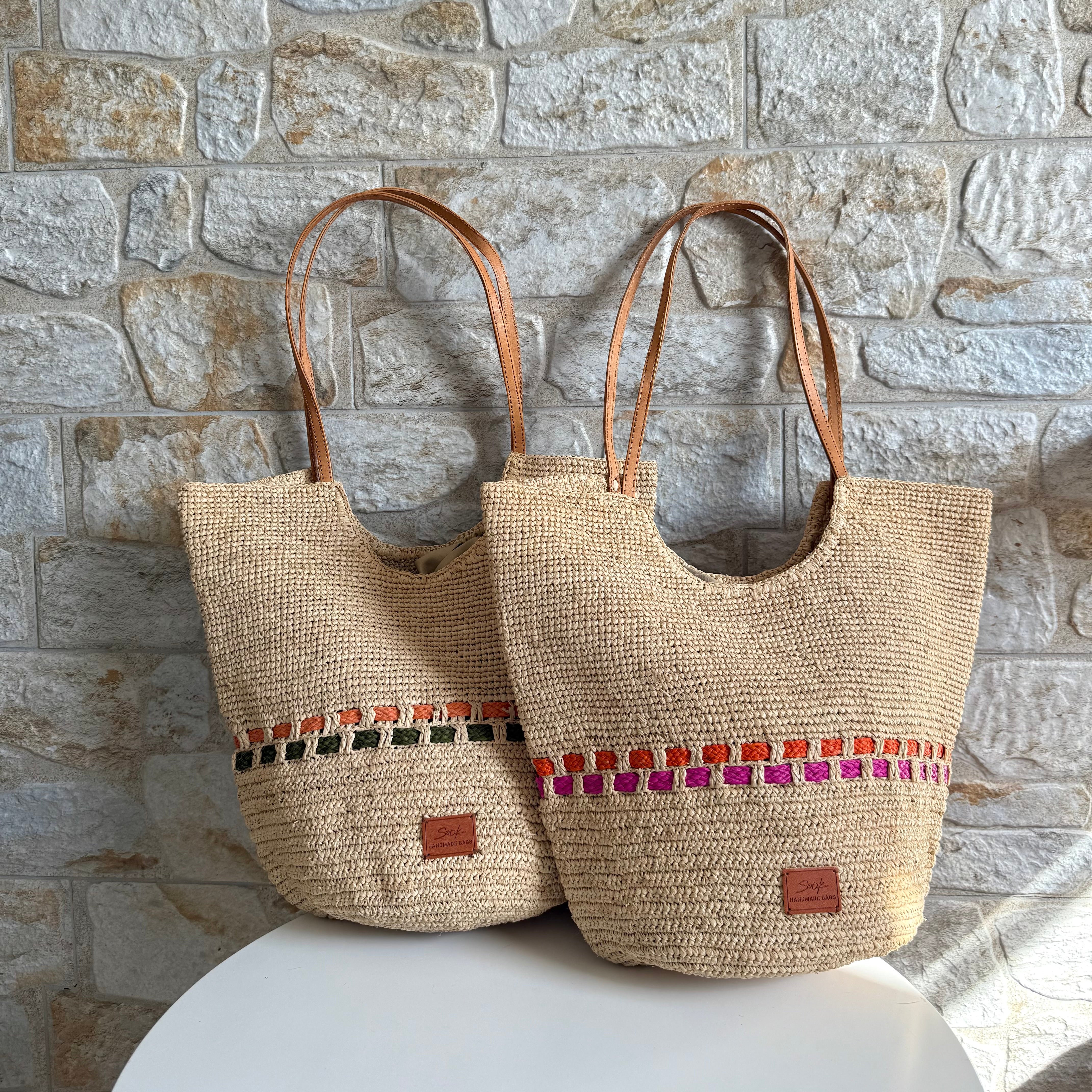 Zola - Handmade Natural Raffia Tote Bag - Pastel Green and Amber