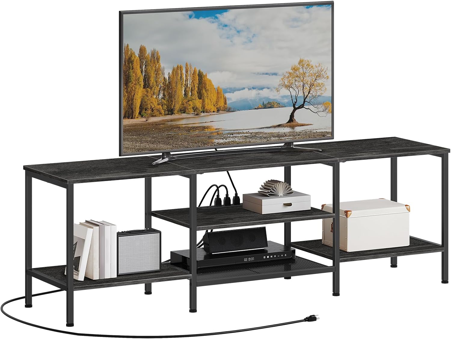 TV-Ständer mit integrierten Steckdosen für Fernseher bis zu 75 Zoll, Konsolentisch mit offenen Regalen, Entertainment-Center im Industrial-Stil für Wohn- oder Schlafzimmer, Rustikales Braun und Schwarz BF60DS01