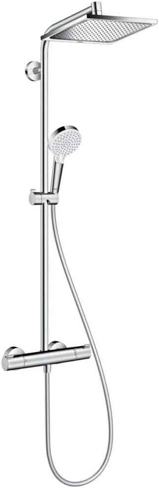 hansgrohe Crometta E - wassersparendes Duschsystem (EcoSmart) mit Thermostat, Regendusche (240 x 240 mm), Handbrause (2 Strahlarten), flexiblem Schlauch, Brausestange und rechteckigem, feststehendem Brausekopf, Chrom, 27281000