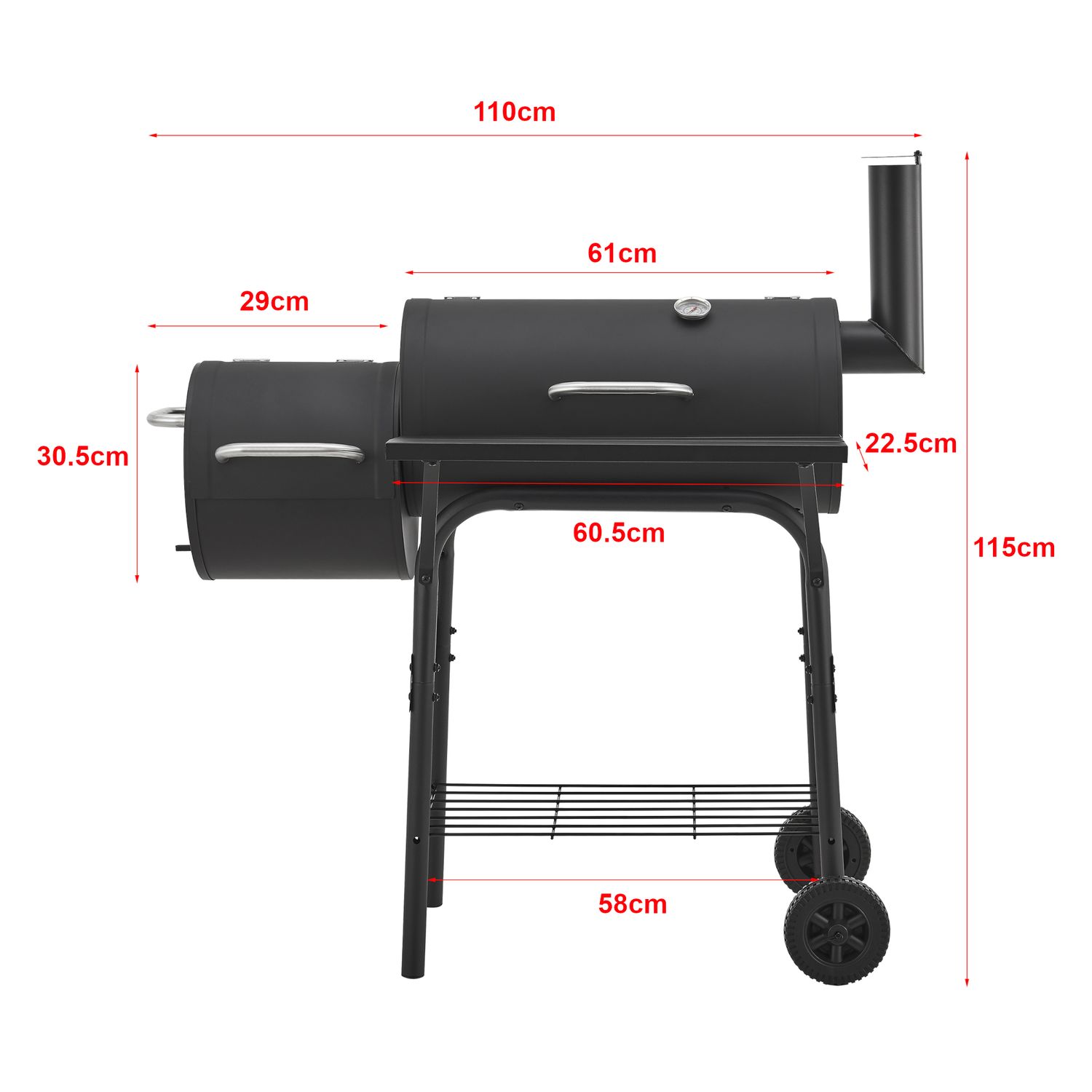 Arielli Holzkohlegrill-Smoker 115 x 110 x 64 cm - Schwarz [casa.pro]