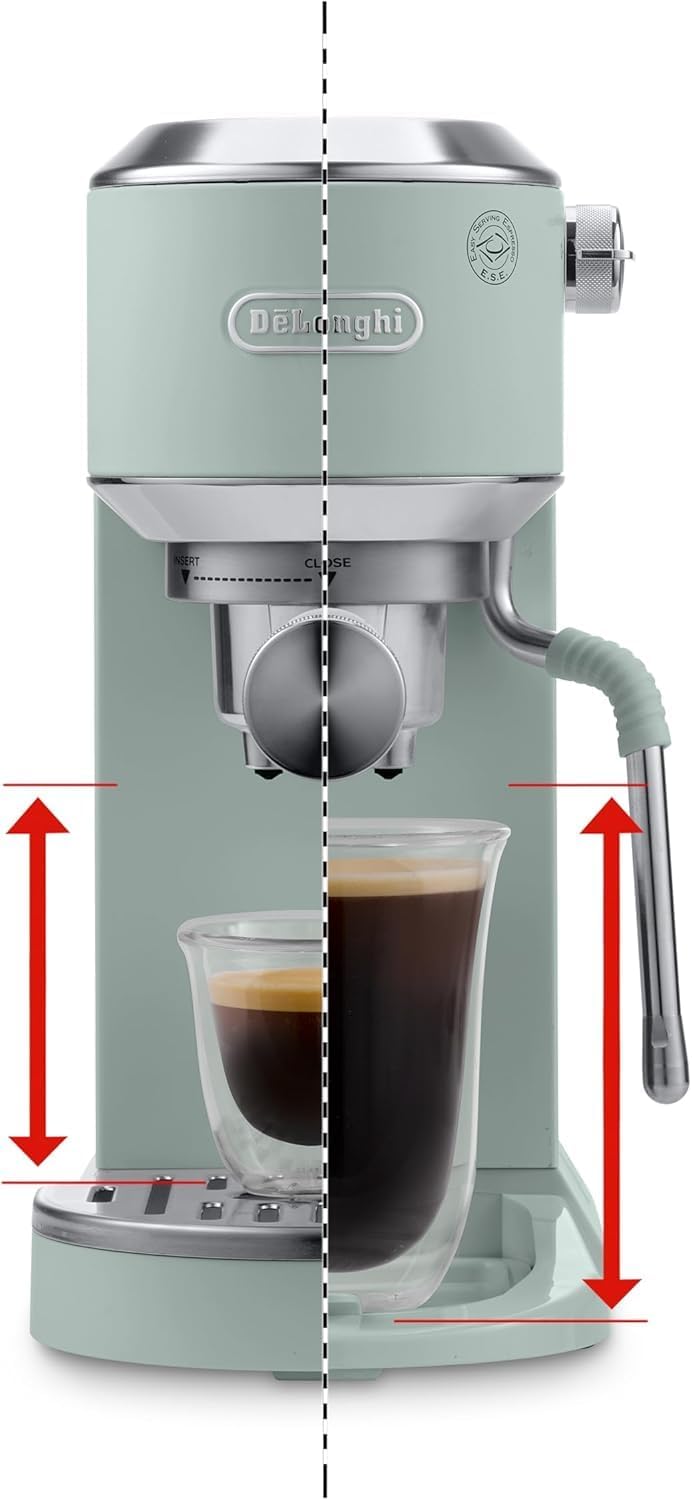De'Longhi Dedica – Cafetière à pompe en acier inoxydable pour café moulu ou individuel, expresso et cappuccino, réservoir de 1,3 litre, système anti-goutte, modèle EC685.M, couleur métal