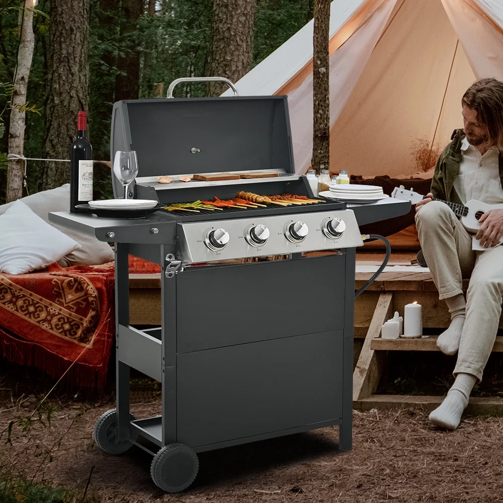 2025 SEGMART gasgrill i rustfrit stål med 4 brændere – 34.200 BTU. Have-/terrassegrill med to foldbare hylder og termometer. Ideel til camping og udendørs madlavning.