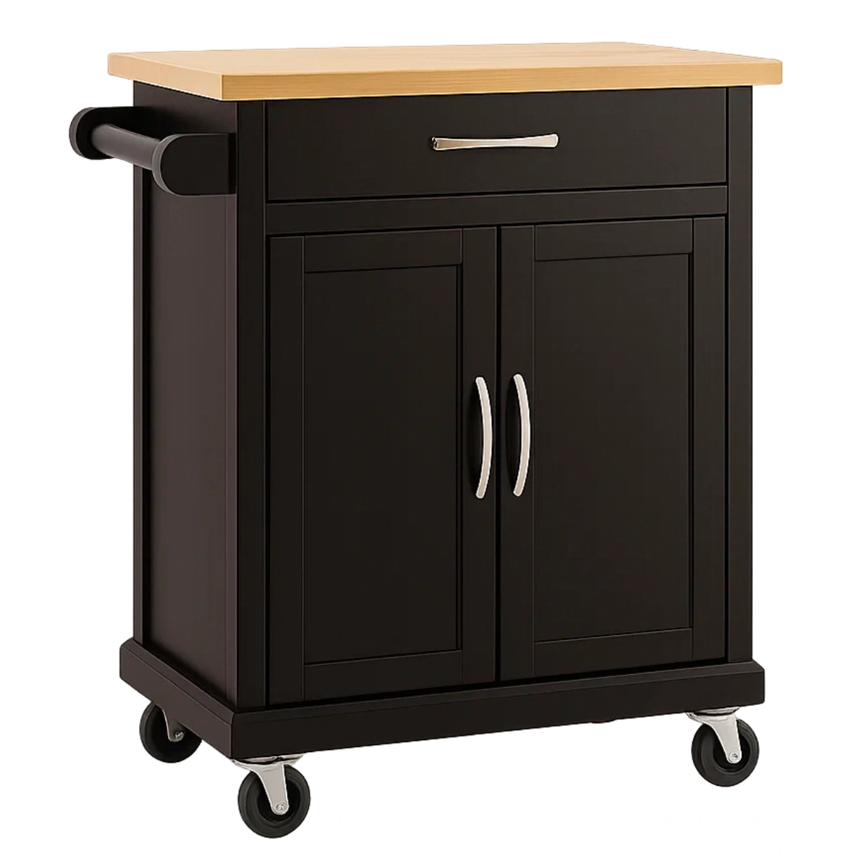 Îlot de cuisine rectangulaire en MDF noir, avec plan de travail en bois clair, sur roulettes et meuble à tiroir, 91 x 45 x 89 cm, pour usage domestique. - blMAuTUwKxoP