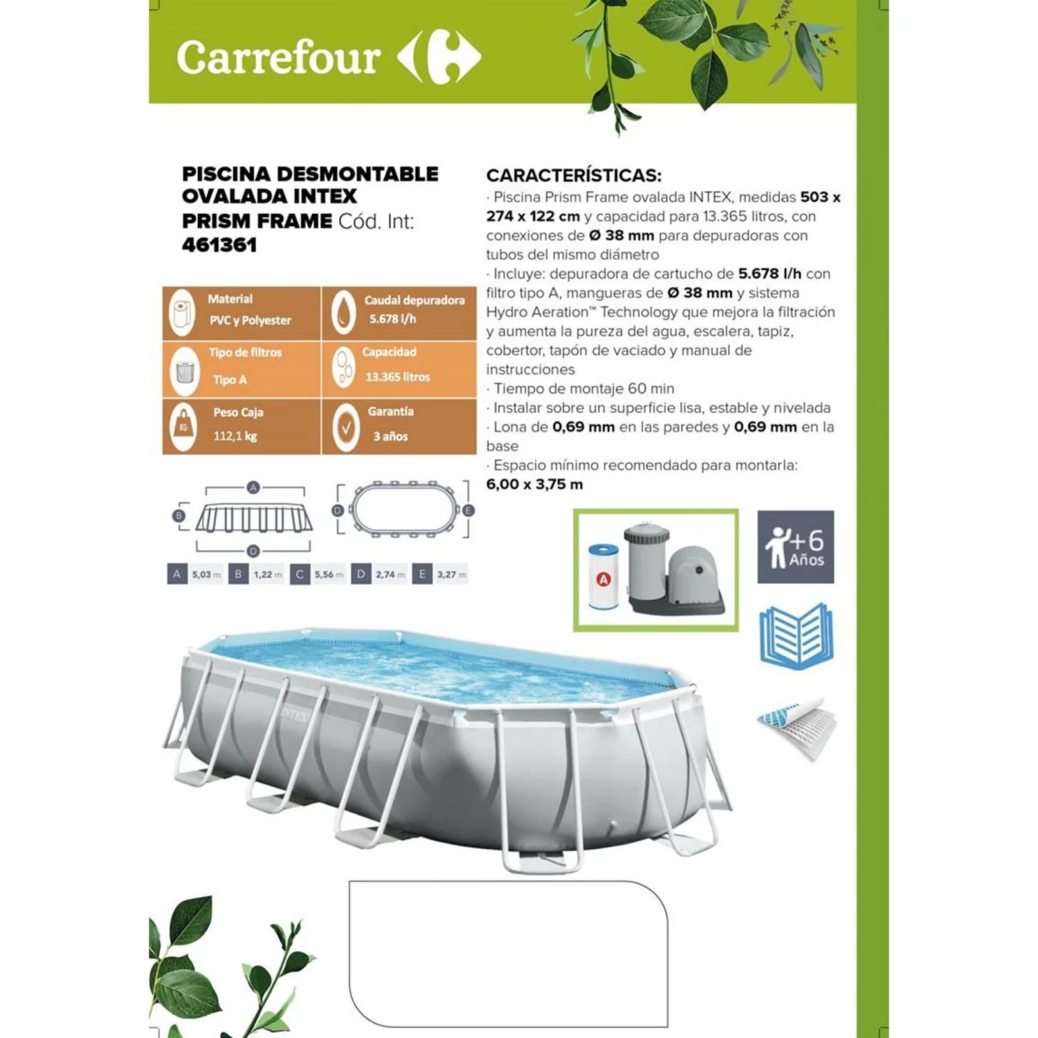 Intex Prism Frame Ovaler Aufstellpool 503x274x122 cm mit Filterpumpe