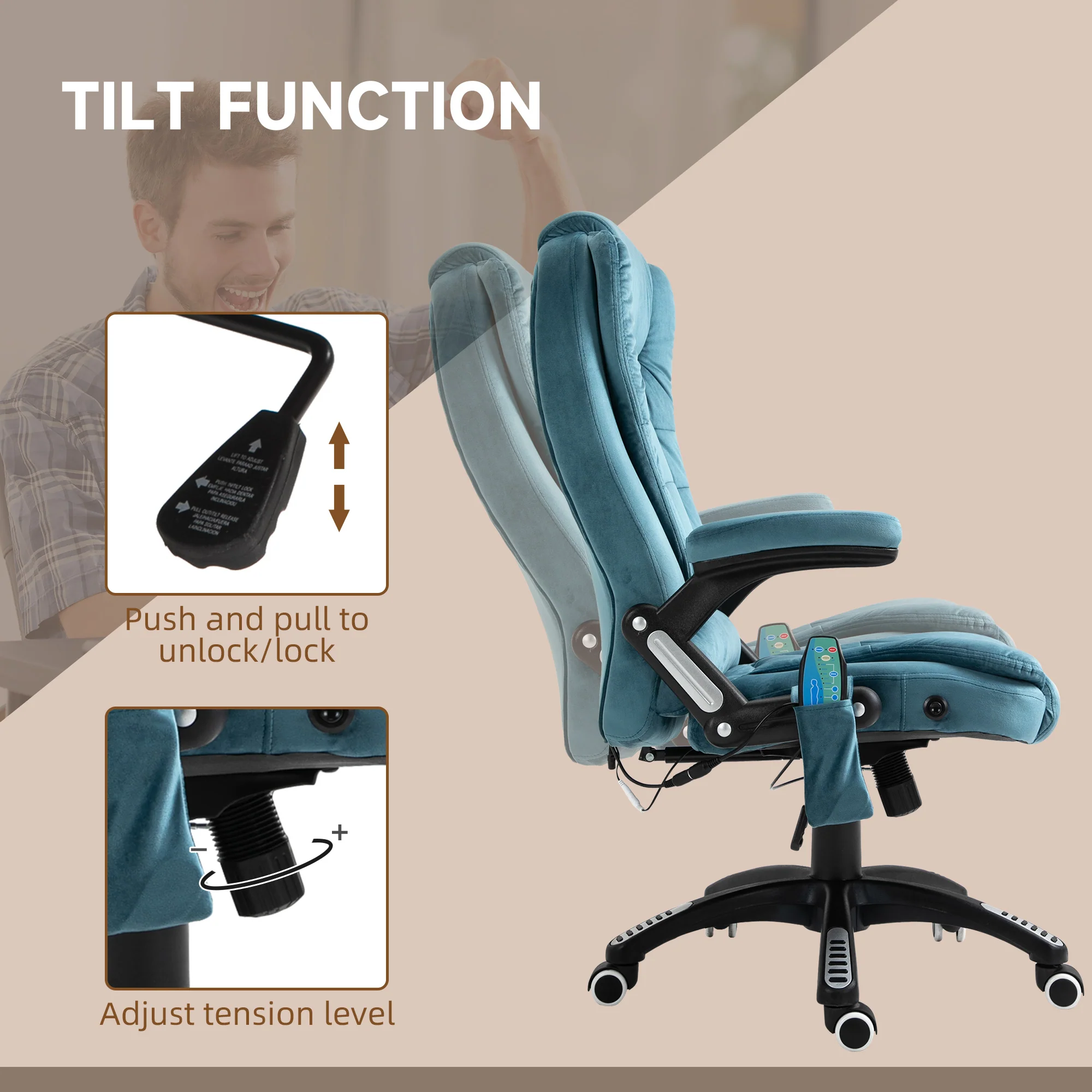 Ergonomischer Bürostuhl mit 6-Punkt-Massage und beheizbarer Rückenlehne. Samtbezug. Blau.