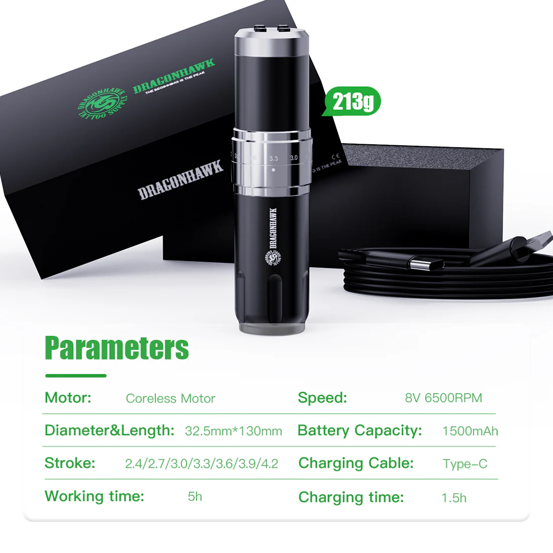 Dragonhawk Akku-Tätowiermaschine mit 7 Hublängen