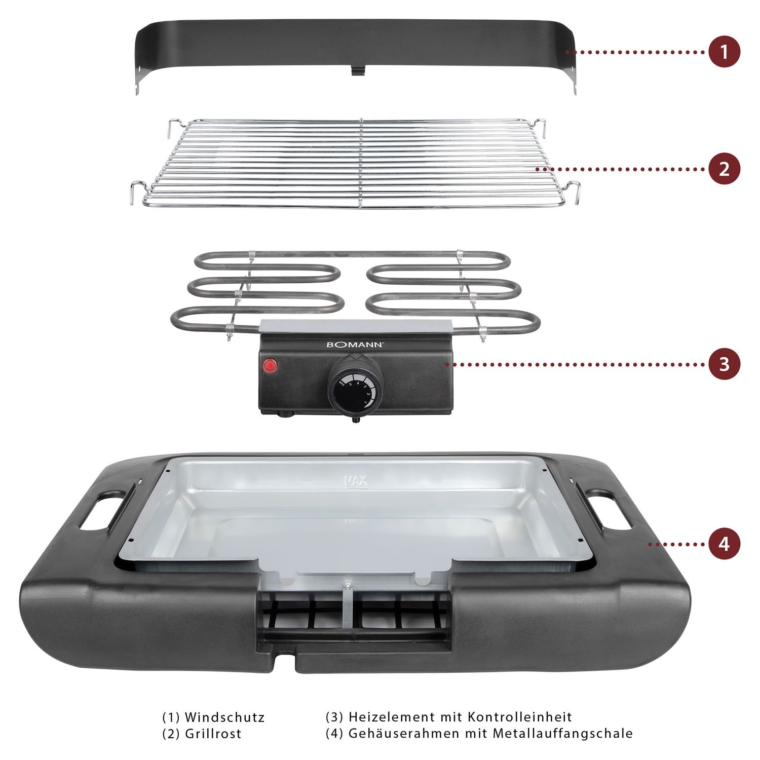 Elektrogrill, verchromter Grillrost 36 x 25 cm, Thermostat, winddichte Front, Fettauffangschale, Schwarz, 2000 W Bomann Bq 2243 Cb
