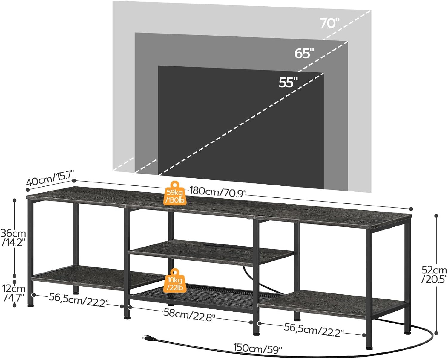 TV-Ständer mit integrierten Steckdosen für Fernseher bis zu 75 Zoll, Konsolentisch mit offenen Regalen, Entertainment-Center im Industrial-Stil für Wohn- oder Schlafzimmer, Rustikales Braun und Schwarz BF60DS01