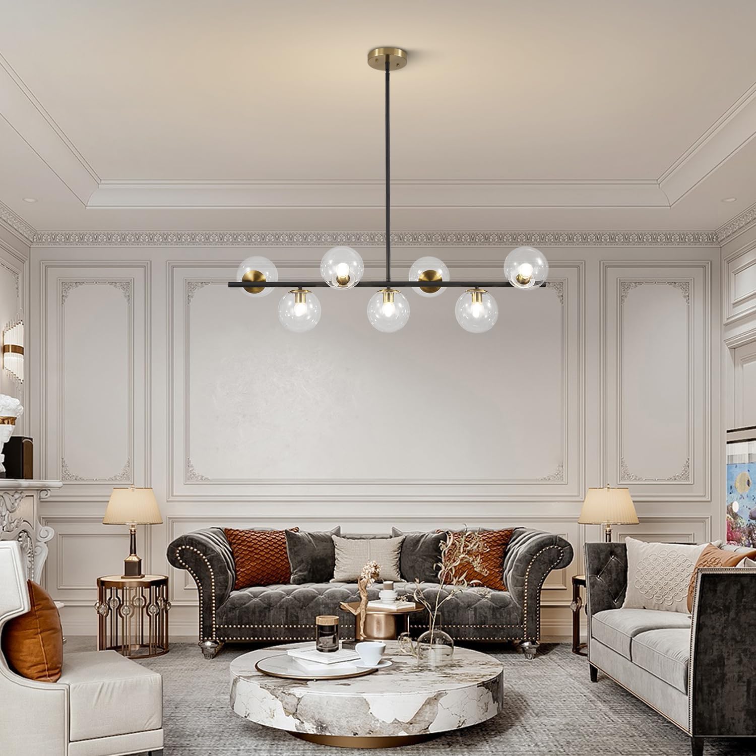 Moderne Esszimmerleuchte von KCO Lighting aus goldfarbenem Metall, Kücheninsel-Pendelleuchte aus weißem Glas, 7-flammig, E27, 80 cm höhenverstellbar