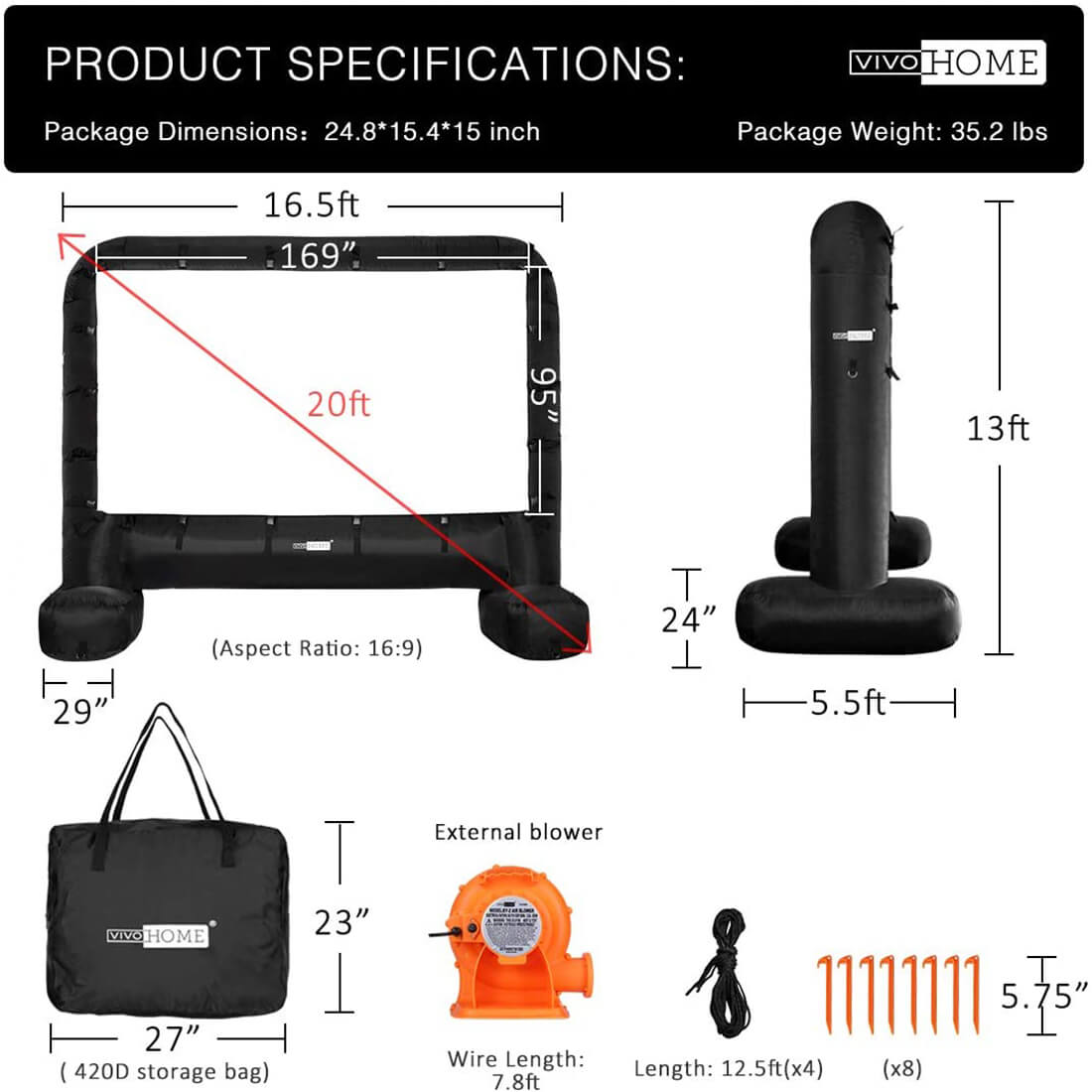 Écran de cinéma gonflable géant 2025 de 4,27 à 5,18 mètres pour projection avant et arrière – Idéal pour l'extérieur