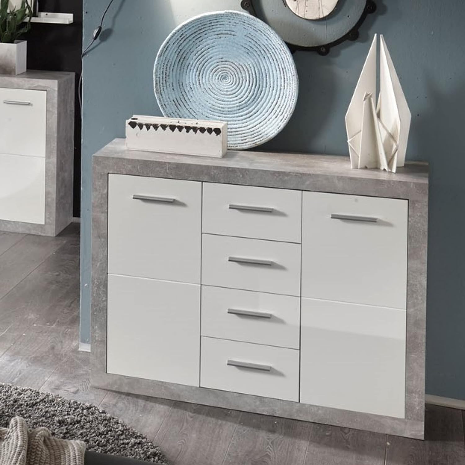 STONE Große Vitrine mit Betonoptik und hochglänzendem Weiß, moderne Vitrine mit LED-Beleuchtung und viel Stauraum, 92 x 194 x 37 cm (B x H x T)