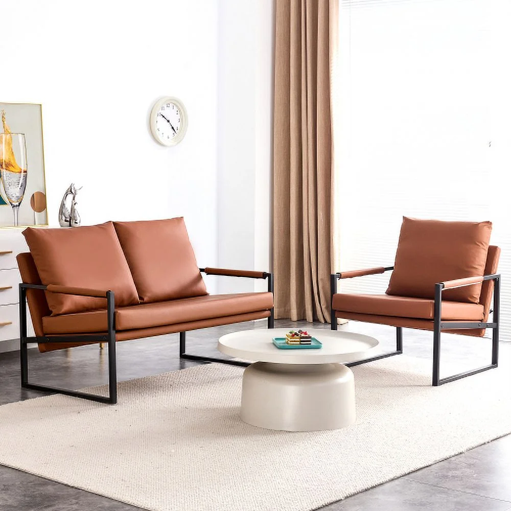 Modernes 2-Sitzer-Sofa mit 2 Kissen – PU-Leder, hochdichter Schaumstoff, schwarz lackiertes Metallgestell, braune Farbe