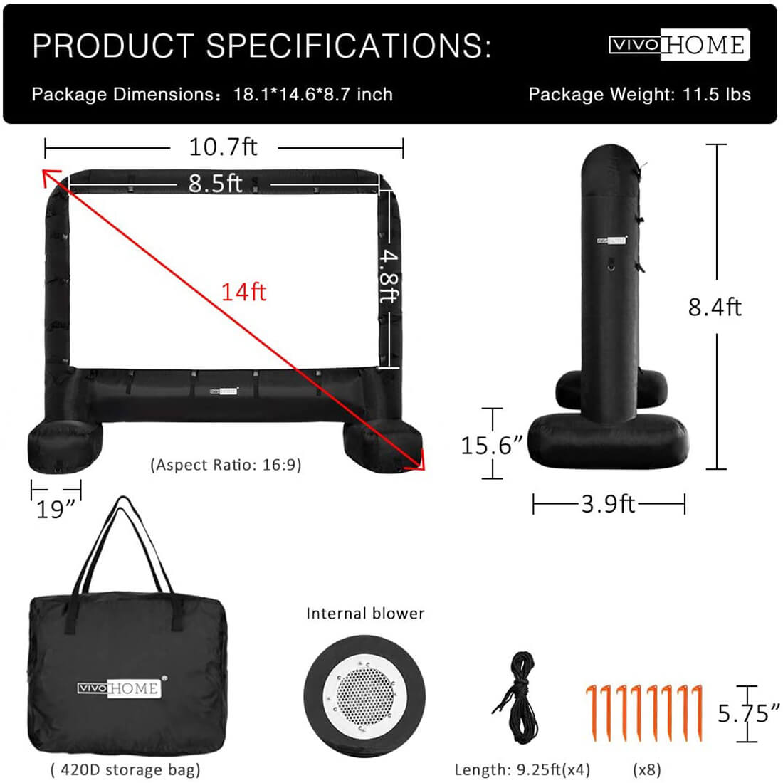 Écran de cinéma gonflable géant 2025 de 4,27 à 5,18 mètres pour projection avant et arrière – Idéal pour l'extérieur
