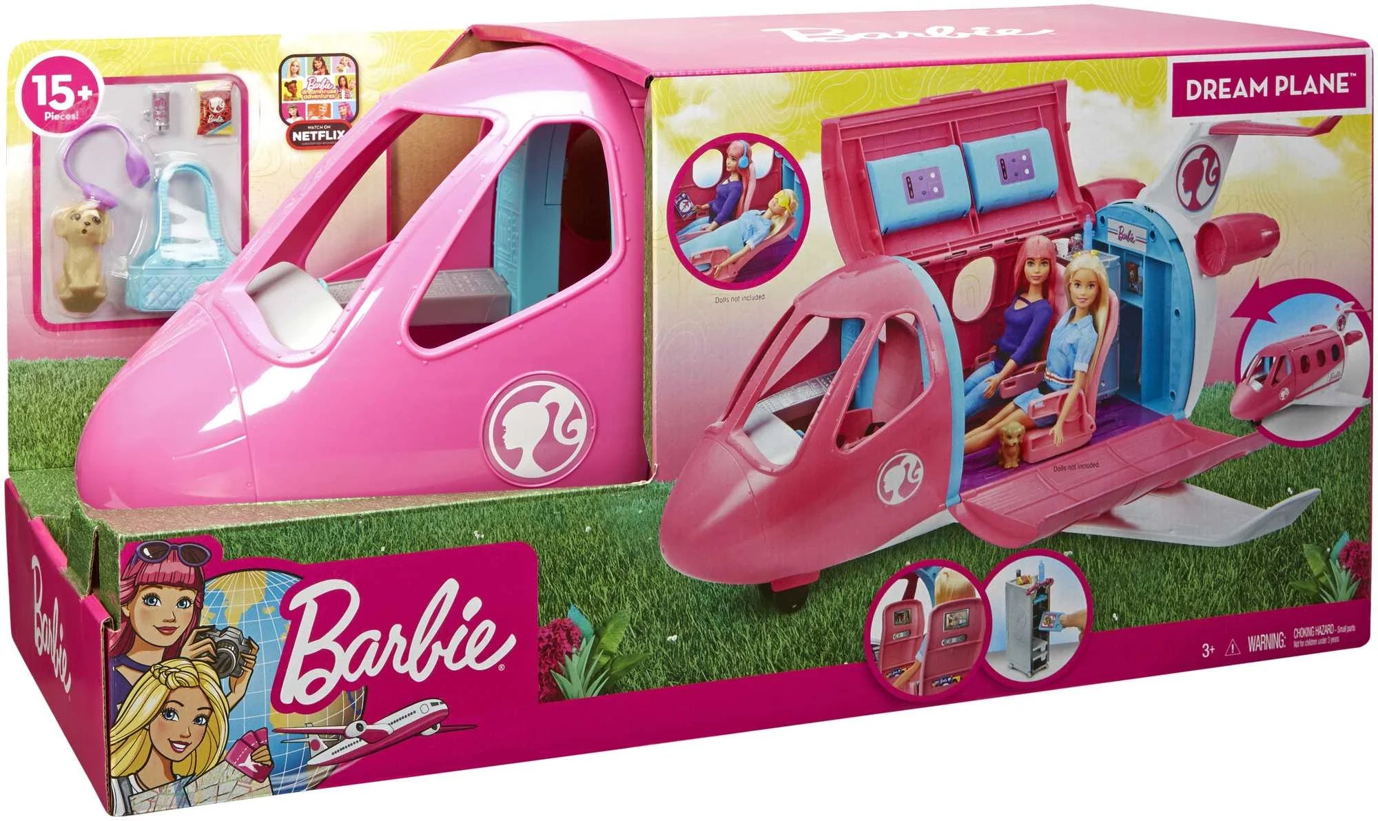 Coffret de jeu Barbie Dreamplane avec chiot et chariot à goûter, plus de 15 accessoires