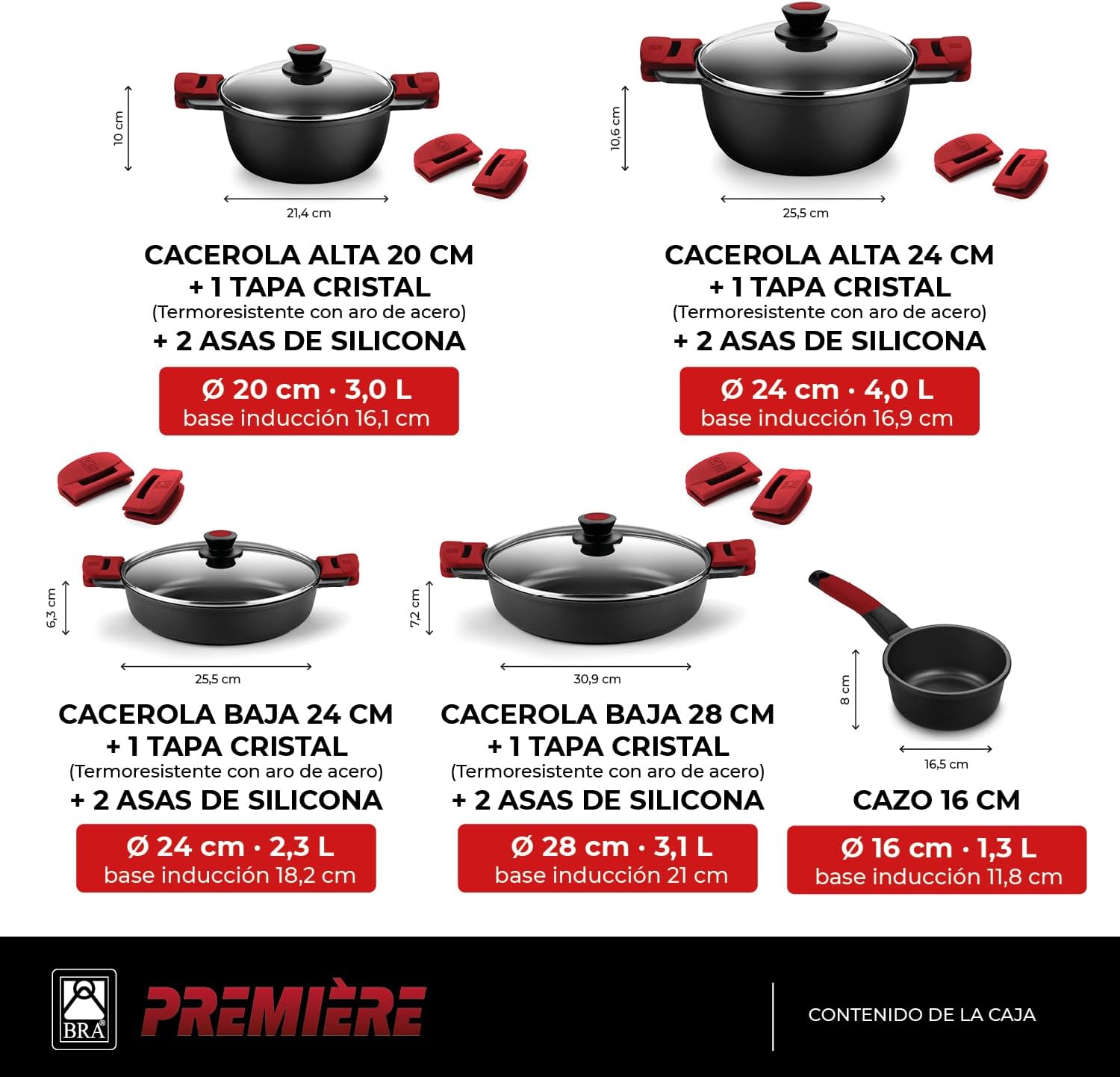 BRA Premiere 9-teiliges Antihaft-Kochgeschirr-Set aus Aluminiumguss, inklusive abnehmbarer Griffe, PFOA-frei, geeignet für alle Herdarten und Backöfen