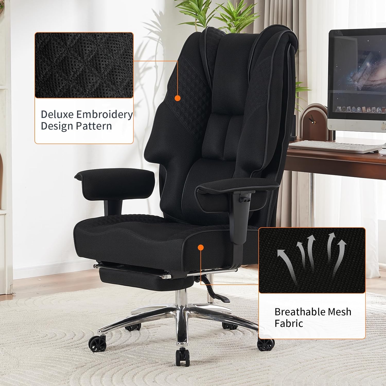 Hoher und breiter Bürostuhl für 181 kg, Chefsessel aus Leder mit hoher Rückenlehne und Fußstütze, ergonomischer Stuhl mit Lendenwirbelstütze zur Linderung von Rückenschmerzen (Beige)