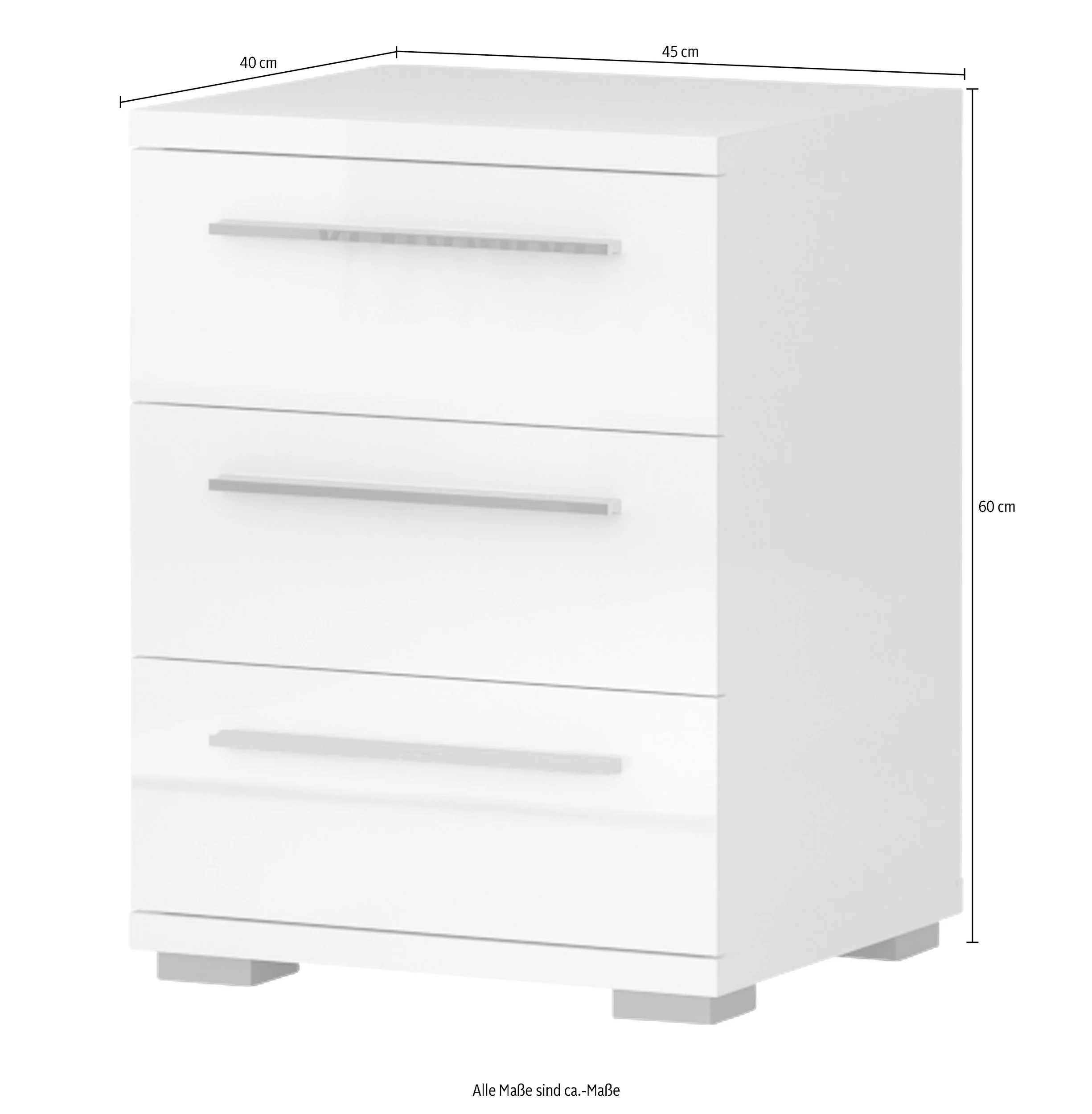 Hvidt, blankt klaver-natbord med 3 skuffer med softclose, 45 cm bredt