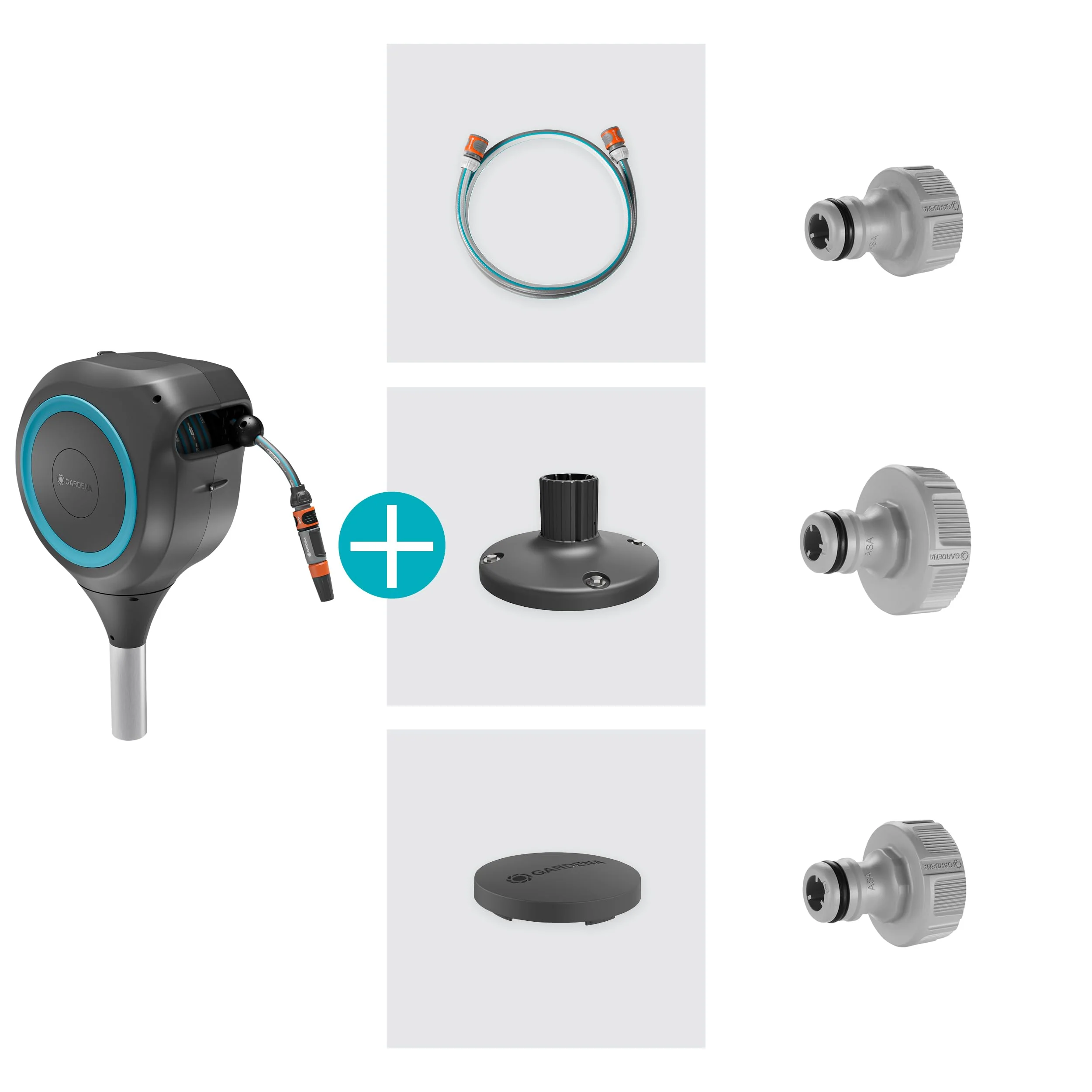 Gardena RollUp M Gartenschlauchbox (Modelljahr 2025): Wetterfeste Box mit Aufrollmechanismus und 20 m Schlauch. Bewässerung mittelgroßer Gärten mit Terrasse. Automatischer Rücklauf. Türkis (18615-20)