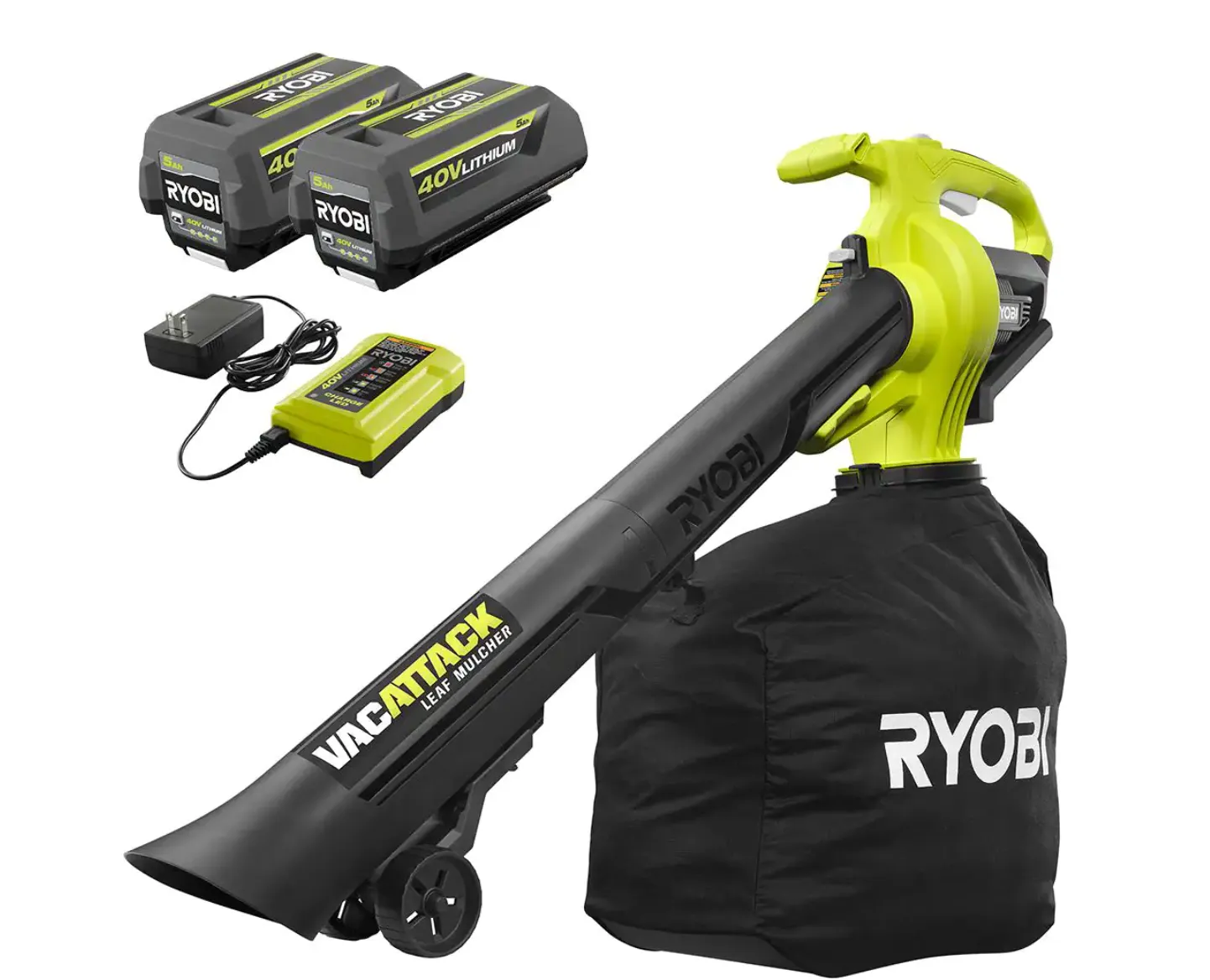 2025 RYOBI RY40451-2B 40V Vac Attack Akku-løvstøvsuger/mulcher med (2) 5,0 Ah batterier og (1) oplader