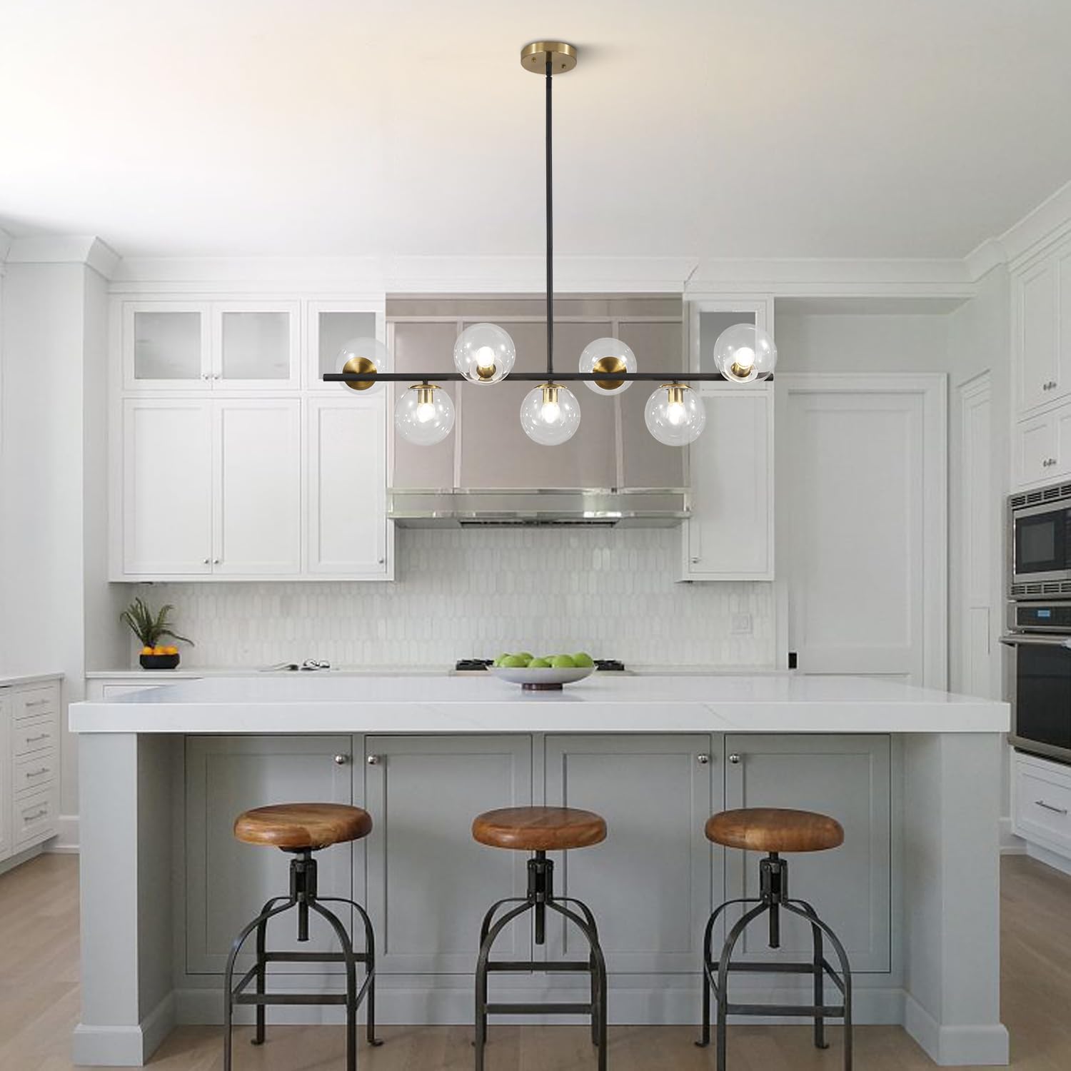 Moderne Esszimmerleuchte von KCO Lighting aus goldfarbenem Metall, Kücheninsel-Pendelleuchte aus weißem Glas, 7-flammig, E27, 80 cm höhenverstellbar